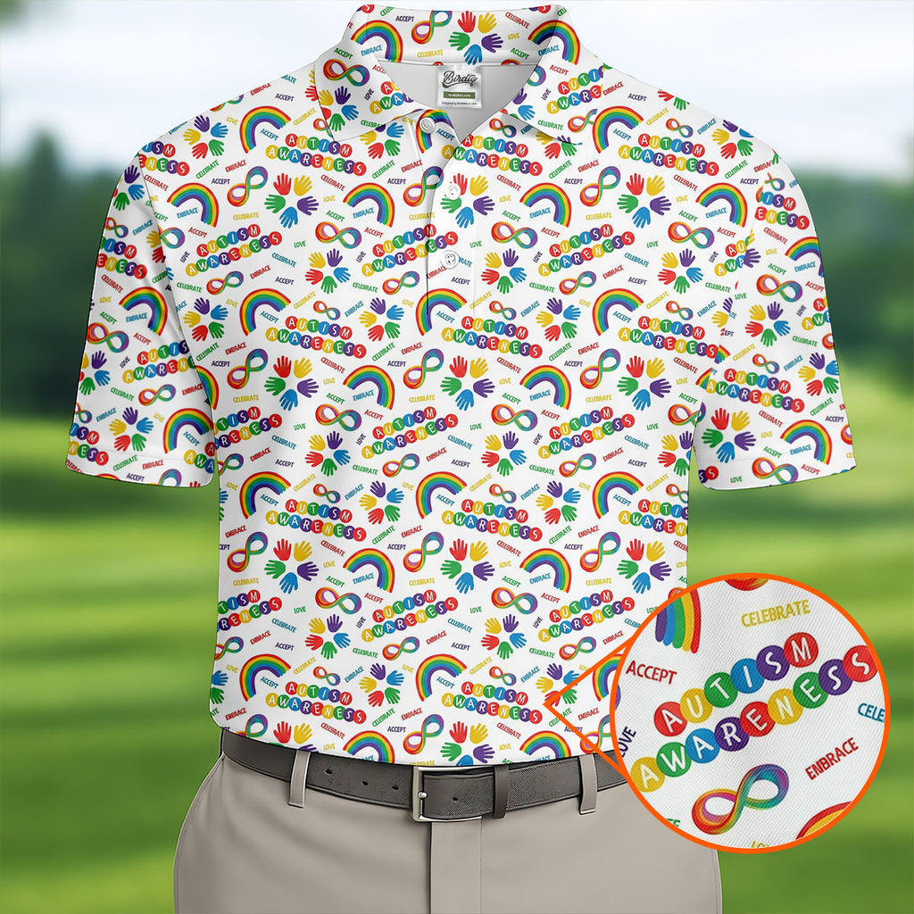 Autism Awareness Rainbow Pattern Colorful Handprints White Golf Shirt, Polo Shirts For Men