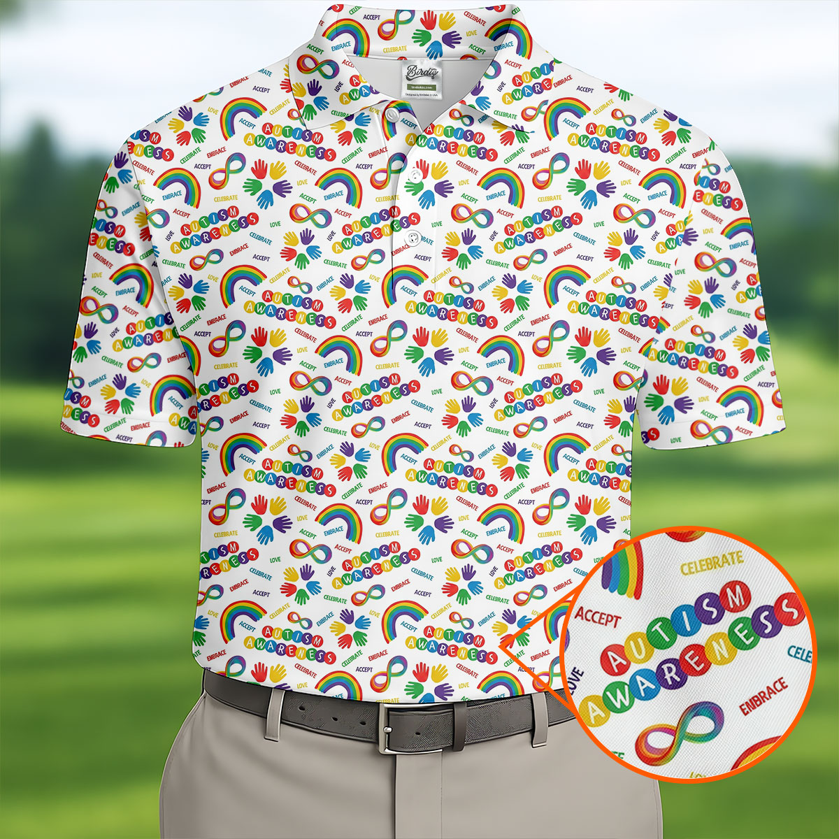 Autism Awareness Rainbow Pattern Colorful Handprints White Golf Shirt, Polo Shirts For Men