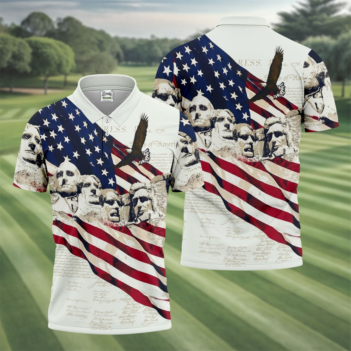 Mount Rushmore American Flag Pattern 4th Of July Patriotic Golf Shirt, 250th Anniversary Golf Shirts For Men
