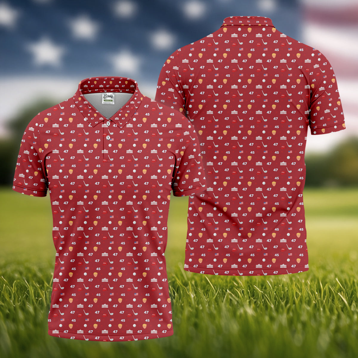 45 47 US Flag Pattern Red Golf Shirt, Funny Golf Shirt, Golf Shirts For Men, Golf Gift For Men