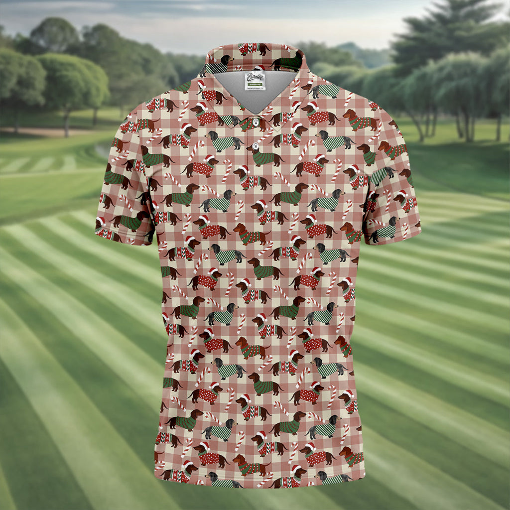 Christmas Dachshund Pink Checkered Golf Tops For Men, Christmas Golf Shirt, Polo Shirts For Men