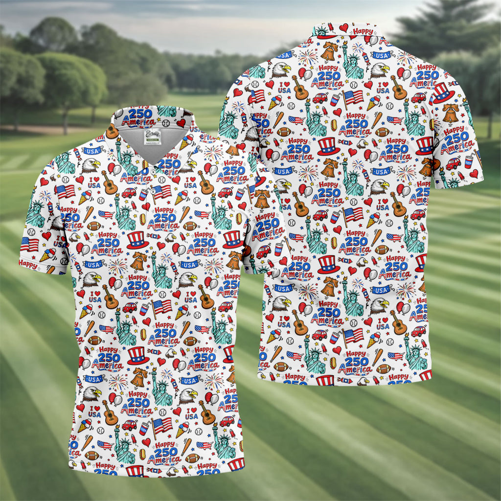 Happy 250 America Independence Celebration White Golf Shirt, Patriotic 4th Of July Golf Shirts For Men
