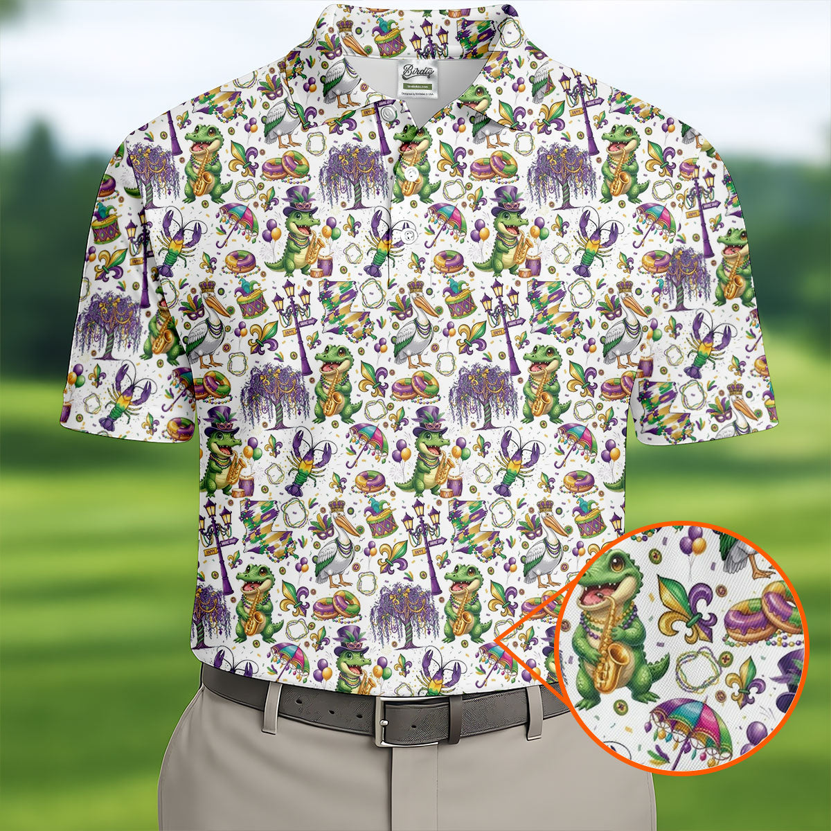 Mardi Gras Fleur De Lis Animal Band White Golf Shirt, Golf Tops For Men, Polo Shirts For Men