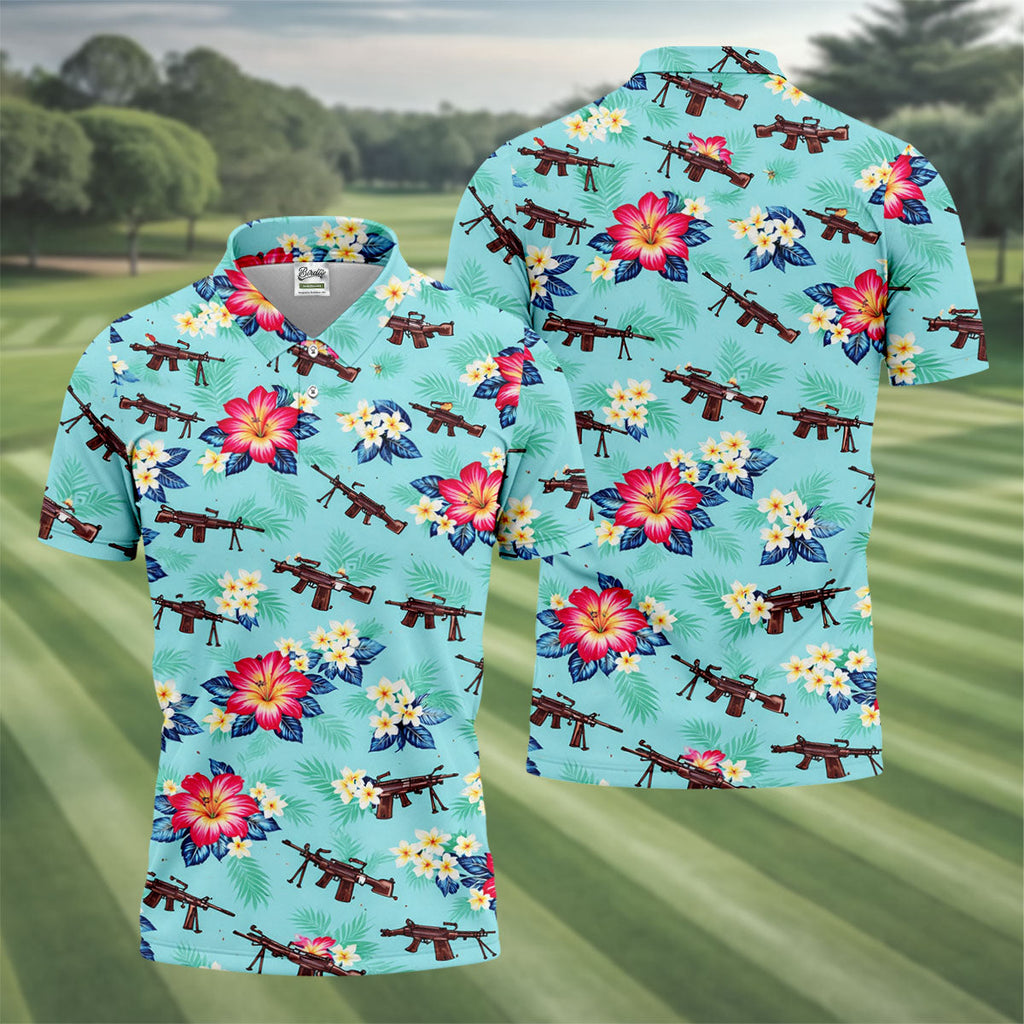 Floral Pattern Army Theme Hawaiian Golf Shirt, Men's Golf Polo Shirts, Golf Shirts For Men