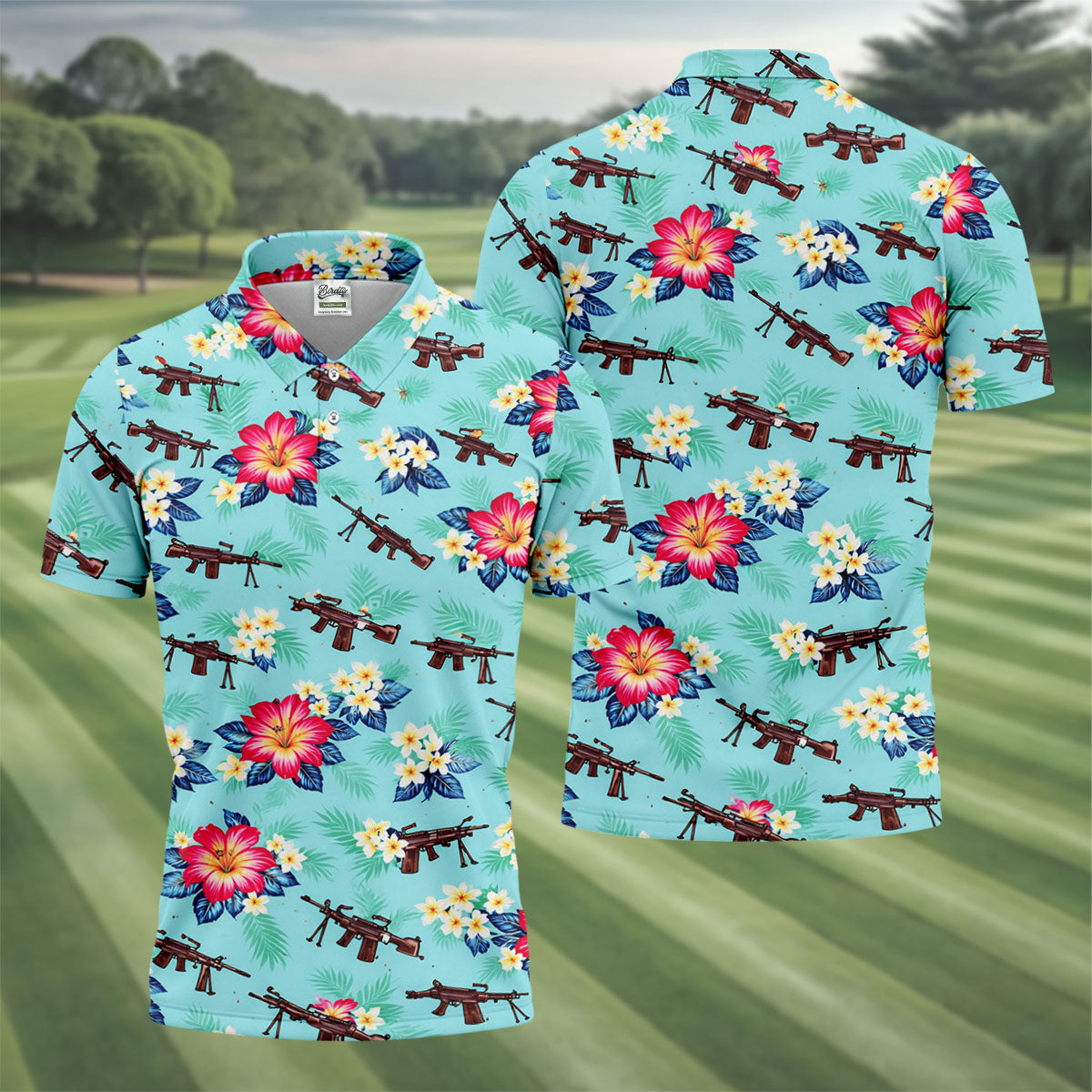 Floral Pattern Army Theme Hawaiian Golf Shirt, Men's Golf Polo Shirts, Golf Shirts For Men