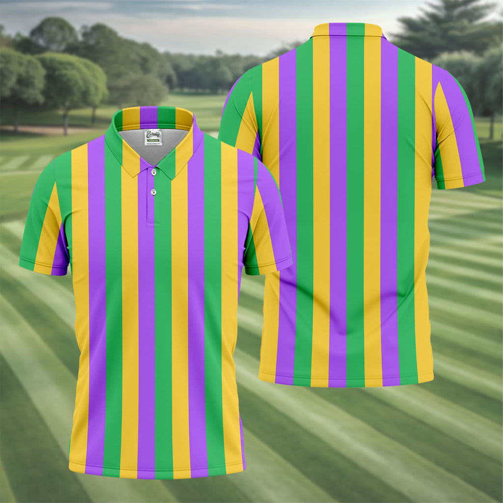 Green Gold Purple Vertical Stripe Mardi Gras Golf Shirt, Polo Shirts For Men, Golf Shirts For Men