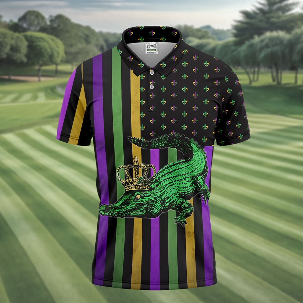 Mardi Gras Aligator Purple Green Gold Vertical Stripes Fleur De Lis Golf Tops For Men, Polo Shirts For Men