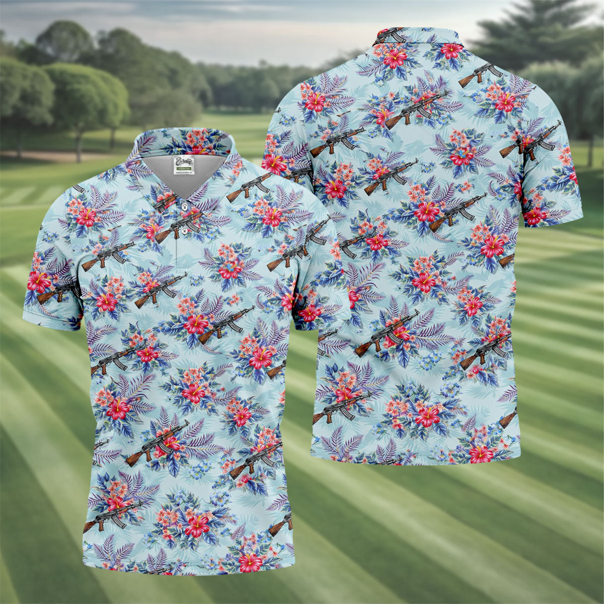 Hawaiian Floral Military Theme Light Blue Golf Shirt, Golf Shirts For Men, Polo Shirts For Men