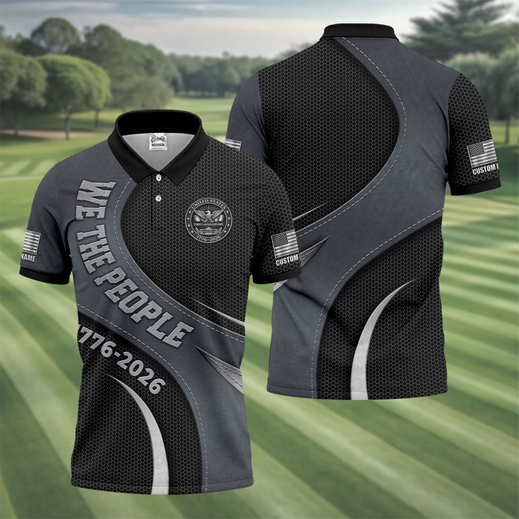 We The People US 250th Anniversary Hexagon Pattern Custom Golf Shirts, 4th Of July Patriotic Golf Shirts For Men