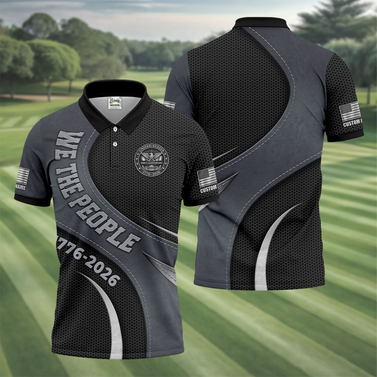 We The People US 250th Anniversary Hexagon Pattern Custom Golf Shirts, 4th Of July Patriotic Golf Shirts For Men