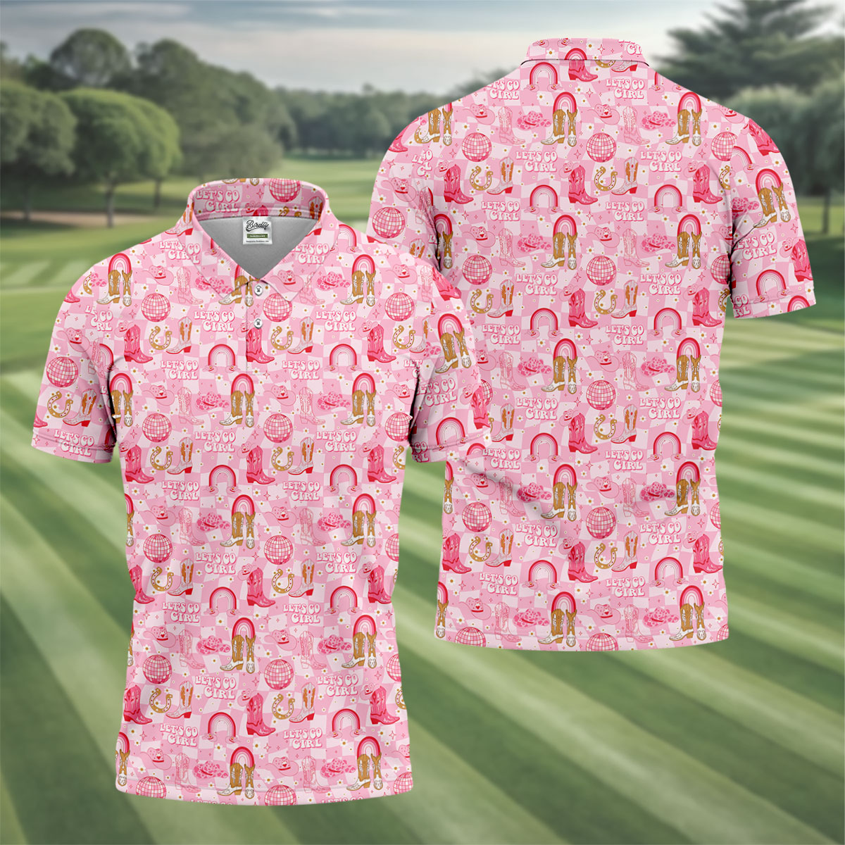 Let's Go Girl Pink Checkered Western Cowgirl Golf Tops For Men, Polo Shirts For Men, Golf Shirts For Men