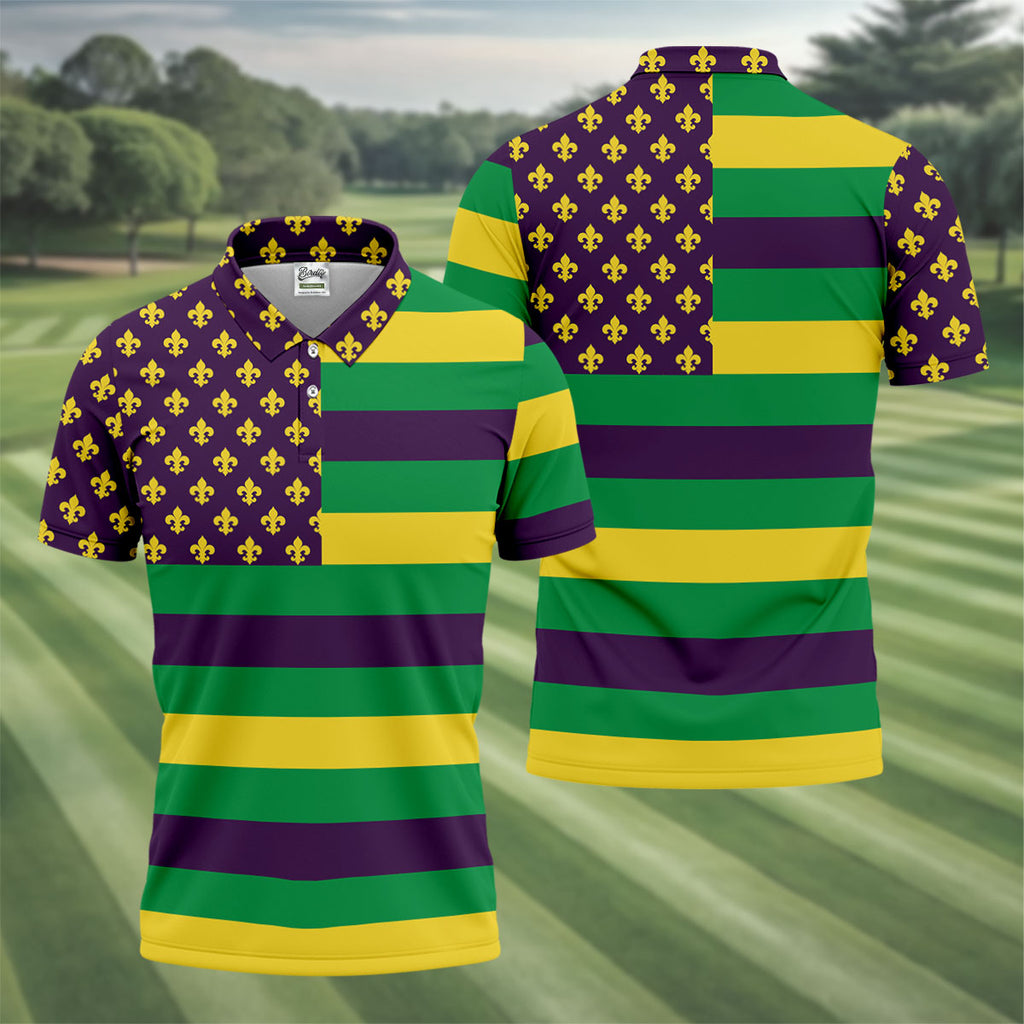 Mardi Gras Flags Fleur De Lis Purple Green Gold Golf Tops For Men, Polo Shirts For Men, Golf Shirts For Men
