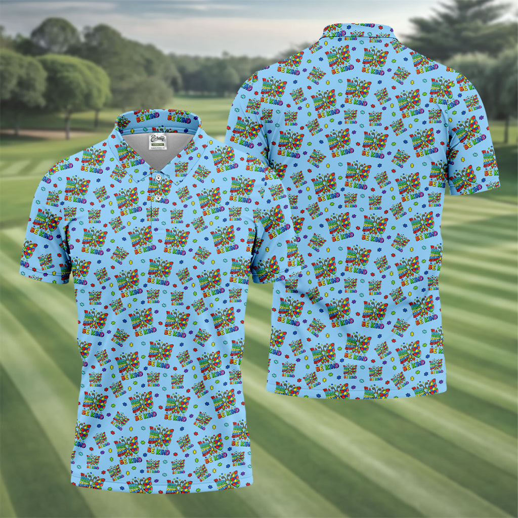 In A World Where You Can Be Anything Be Kind Rainbow Butterfly Autism Awareness Blue Golf Shirt, Golf Shirts For Men