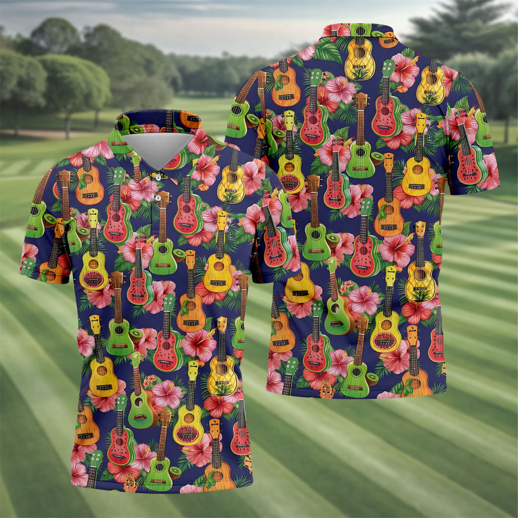 Tropical Ukulele Fruit Pattern 250 Retro Golf Shirt, Hawaiian Vibe Golf Shirts For Men