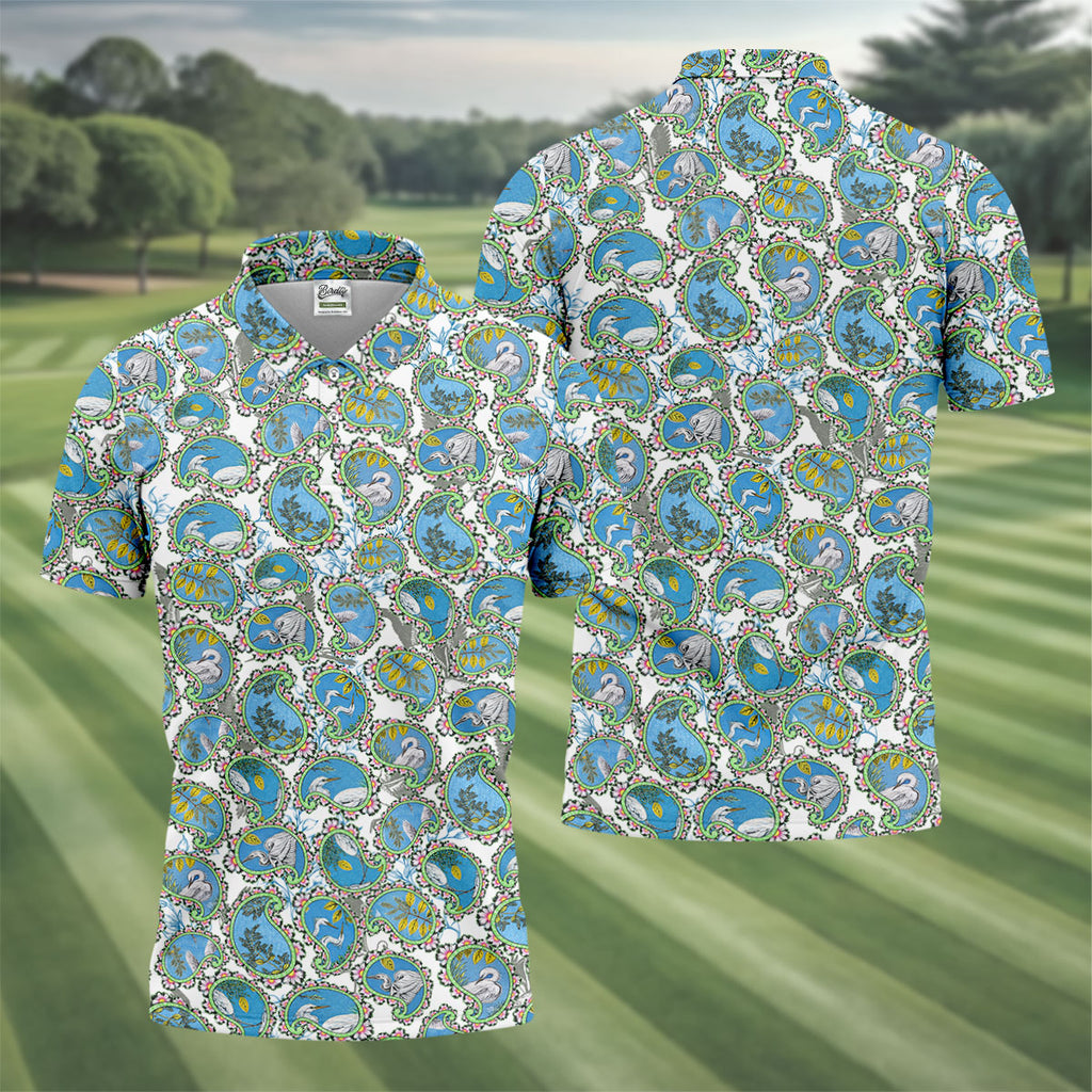 Paisley Flowers Heron Painting Print Golf Shirt, Polo Shirts For Men, Golf Shirts For Men