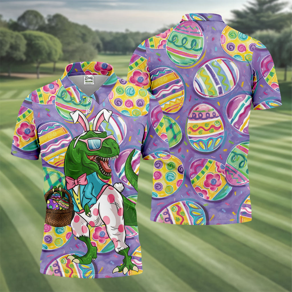 T-Rex Bunny Painted Easter Eggs Golf Shirts For Men, Men's Funny Golf Shirts, Polo Shirts For Men
