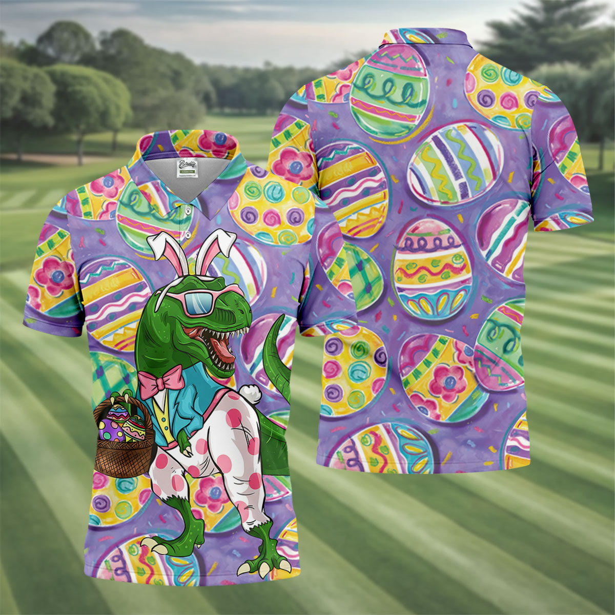 T-Rex Bunny Painted Easter Eggs Golf Shirts For Men, Men's Funny Golf Shirts, Polo Shirts For Men
