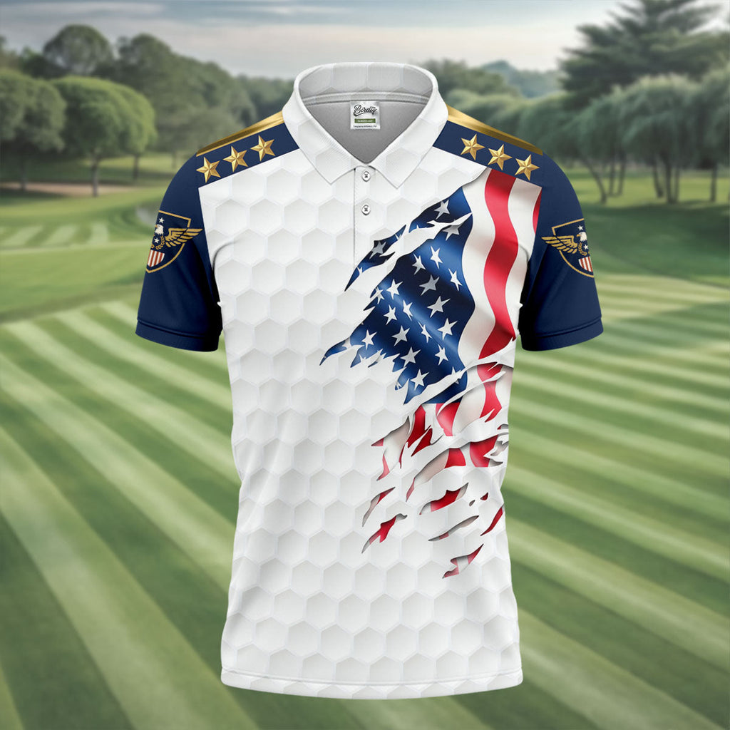 Rugged American Flag With Golf Ball Pattern 4th Of July Golf Tops For Men, 250th Anniversary Patriotic Golf Shirt