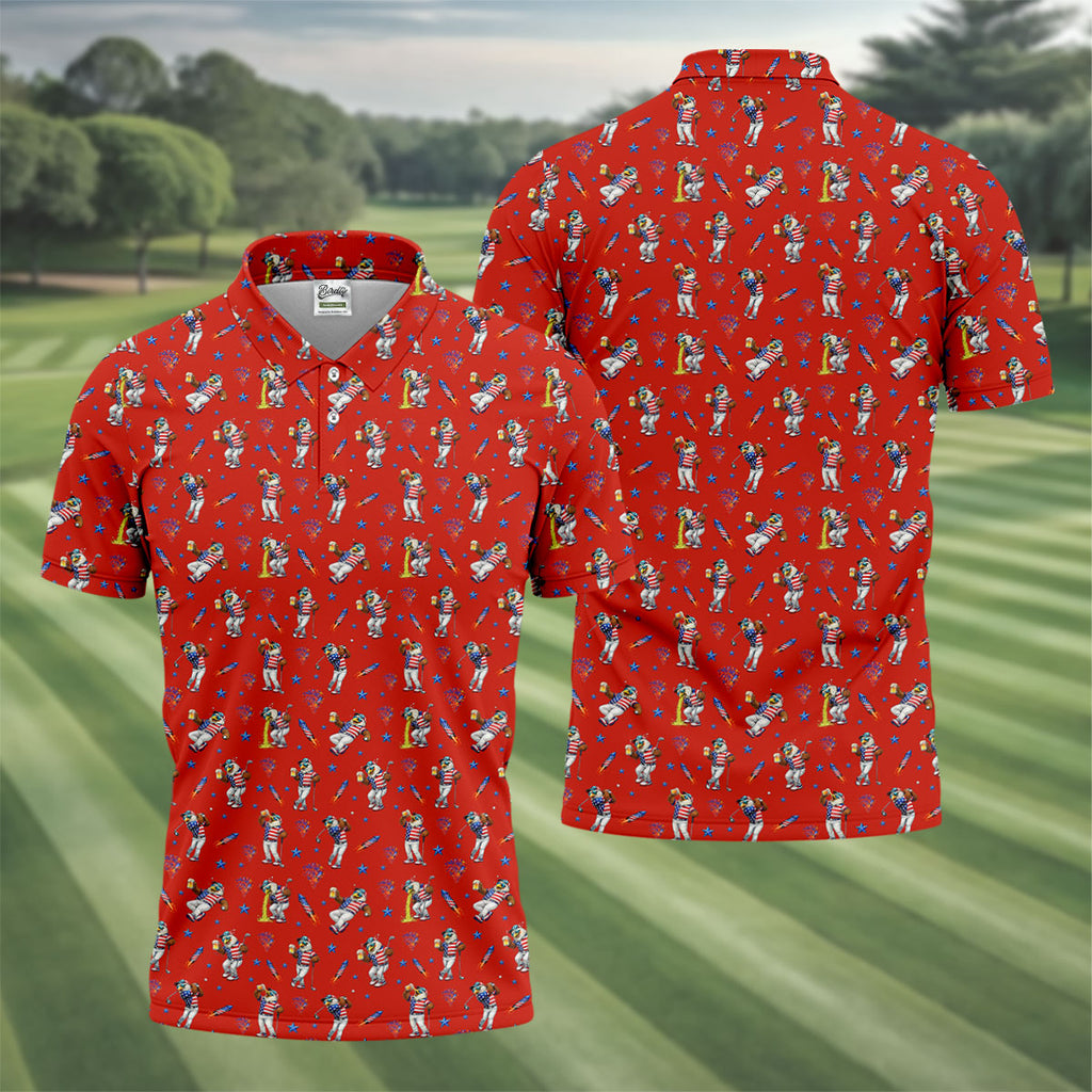 Patriotic Eagle Golf And Beer Funny 4th Of July Red Golf Shirt, 250th Anniversary Golf Shirts For Men