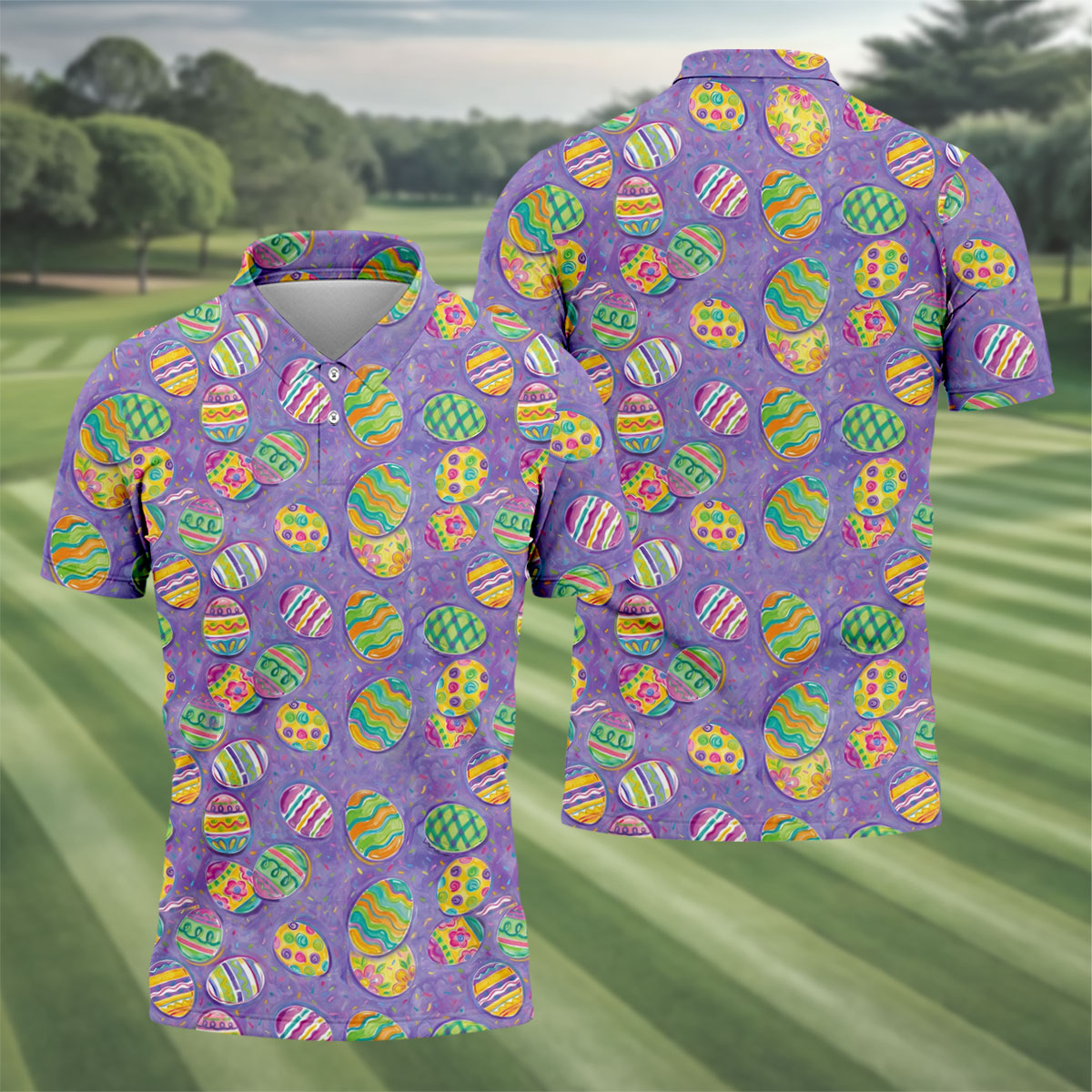 Colorful Painted Easter Eggs Golf Shirts For Men, Cute Golf Outfit, Polo Shirts For Men