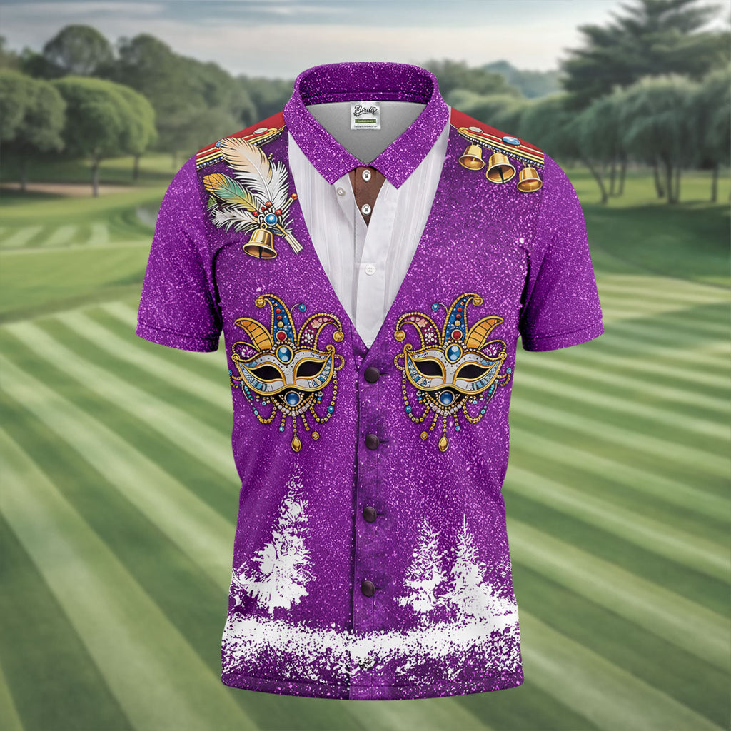 Masquerade Mask Feather Mardi Gras Glitter Print Purple Golf Shirt, Polo Shirts For Men, Golf Shirts For Men