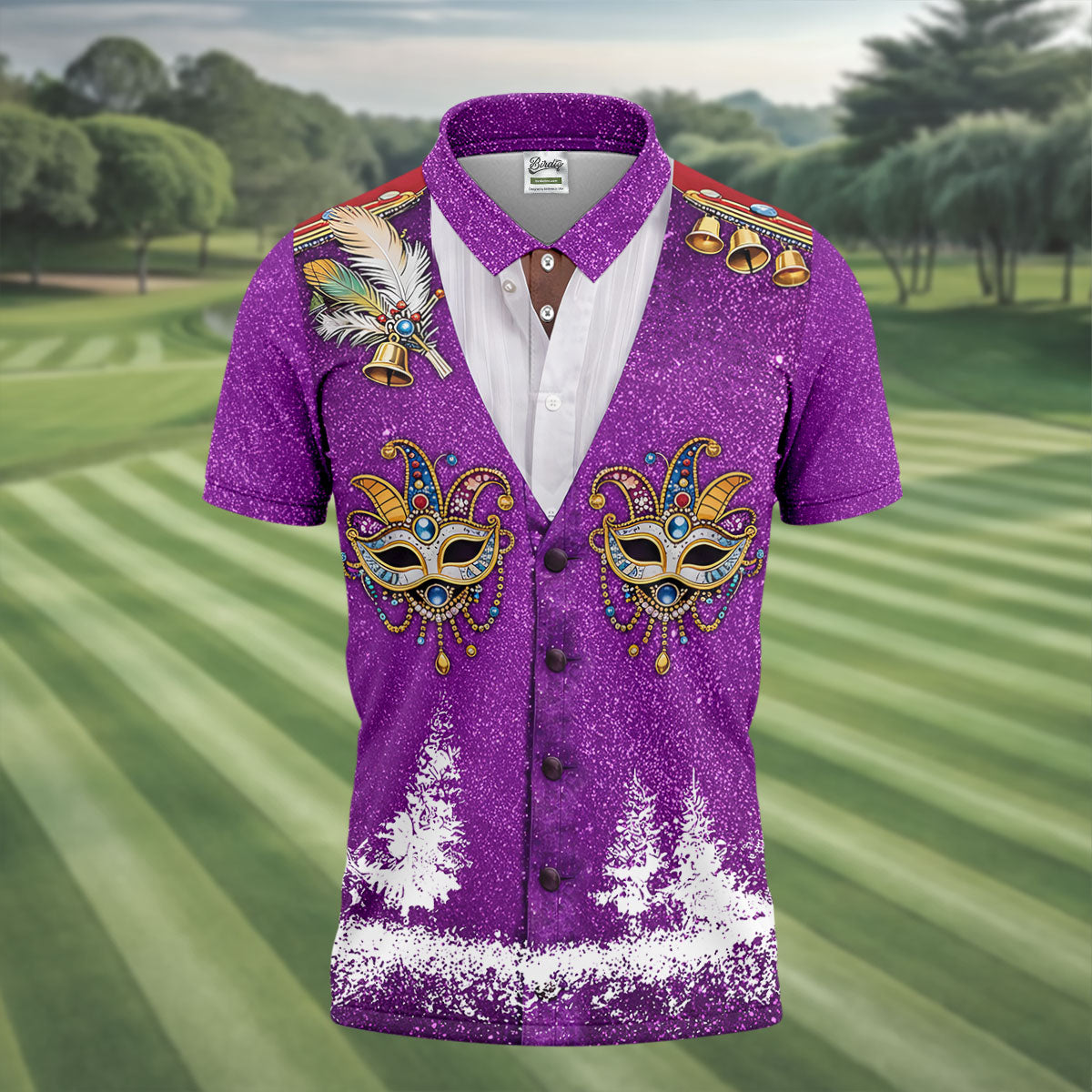 Masquerade Mask Feather Mardi Gras Glitter Print Purple Golf Shirt, Polo Shirts For Men, Golf Shirts For Men