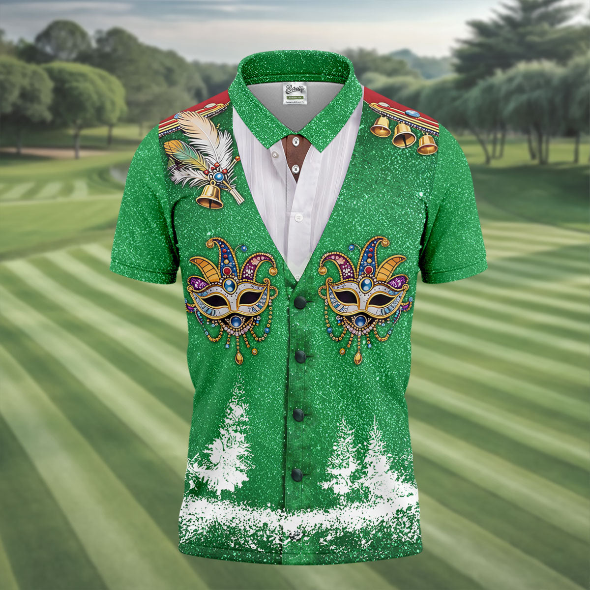 Masquerade Mask Feather Mardi Gras Glitter Print Green Golf Shirt, Polo Shirts For Men, Golf Shirts For Men