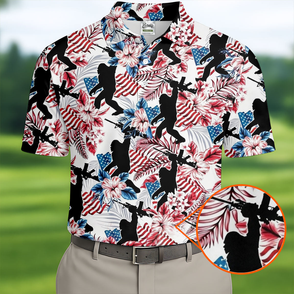 Hawaiian Bigfoot Patriotic 4th Of July American Flag Golf Shirt, 250th Anniversary Golf Shirts For Men
