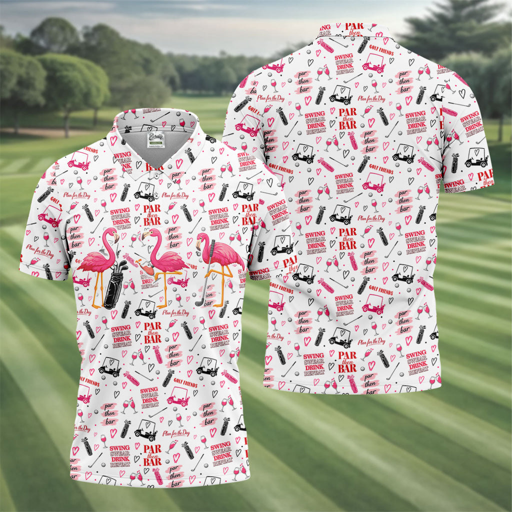 Par Then Bar Flamingo Golf Shirt, Tropical Party Polo Shirts For Men, Golf Shirts For Men