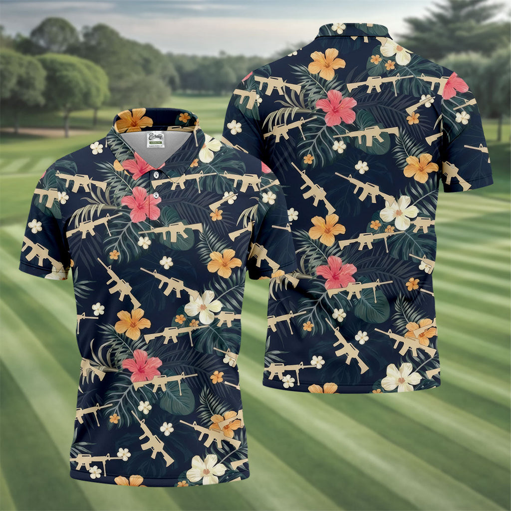 Colorful Hibiscus With Army Theme Golf Shirts For Men, Polo Shirts For Men, Golfing Apparel
