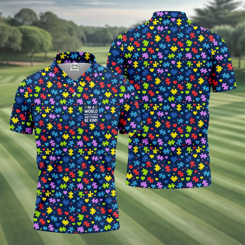 In A World Where You Can Be Anything Be Kind Autism Awareness Puzzle Pattern Navy Golf Shirt, Polo ShirtFor Men
