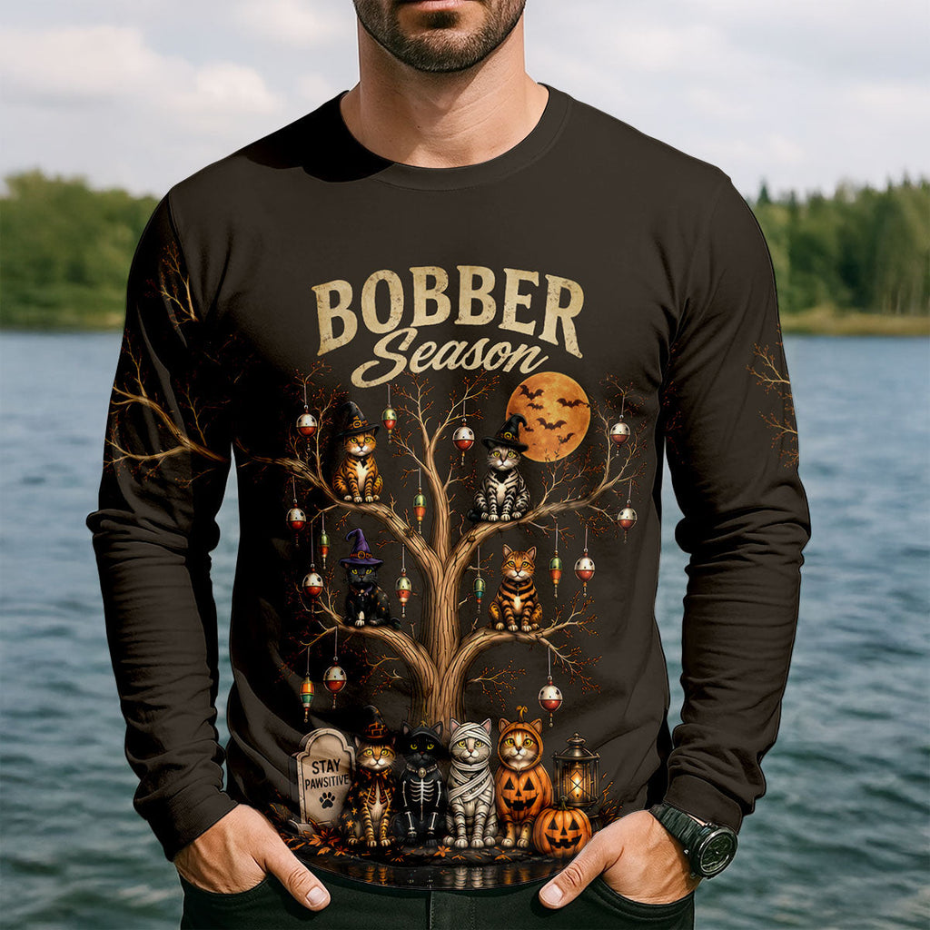Bobber Season Halloween Cat UPF Fishing Shirt, Fishing Shirts For Men, Long Sleeve Shirt
