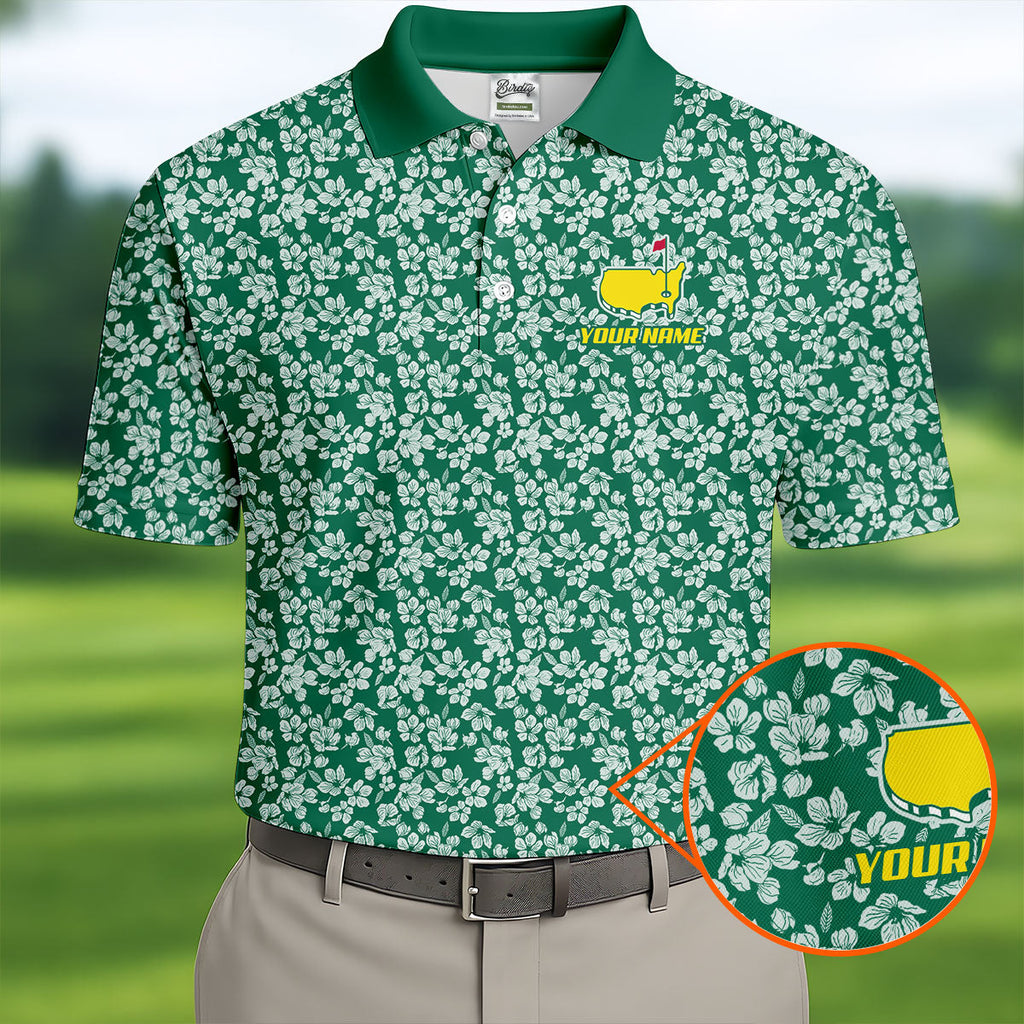 Floral Silhouette Green And White Golf Tops For Men, Golf Shirts For Men, Polo Shirts For Men