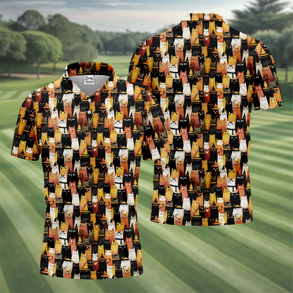 Orange Black Halloween Cat Fun Golf Shirts For Men, Cute Golf Outfit, Polo Shirts For Men