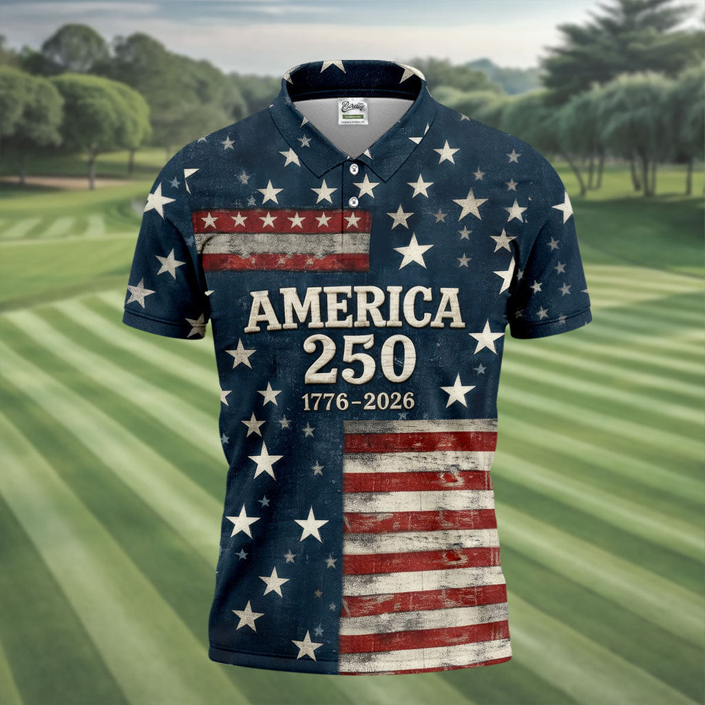 America 250 Distressed Flag 4th Of July Golf Shirt, Stars And Stripes Vintage Patriot Golf Shirts For Men
