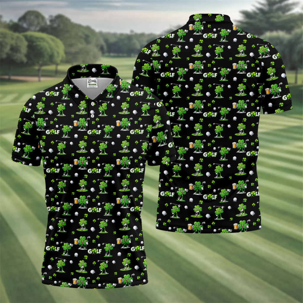 Three Leaf Clover Golf And Beer St Patrick's Day Black Golf Shirt, Fun Golf Shirts For Men, Polo Shirts For Men