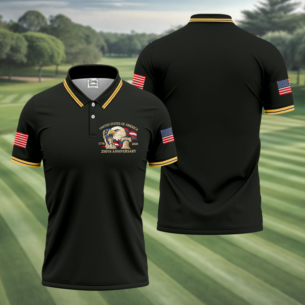 Bald Eagle American Flag 250 Years Black Golf Shirt, Patriotic 4th Of July Golf Shirts For Men