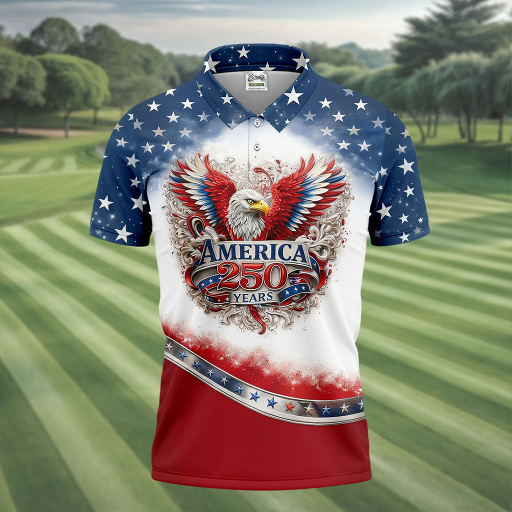 Bald Eagle Red White Blue Patriotic Stars 4th Of July Golf Shirt, 250 Years Golf Shirts For Men