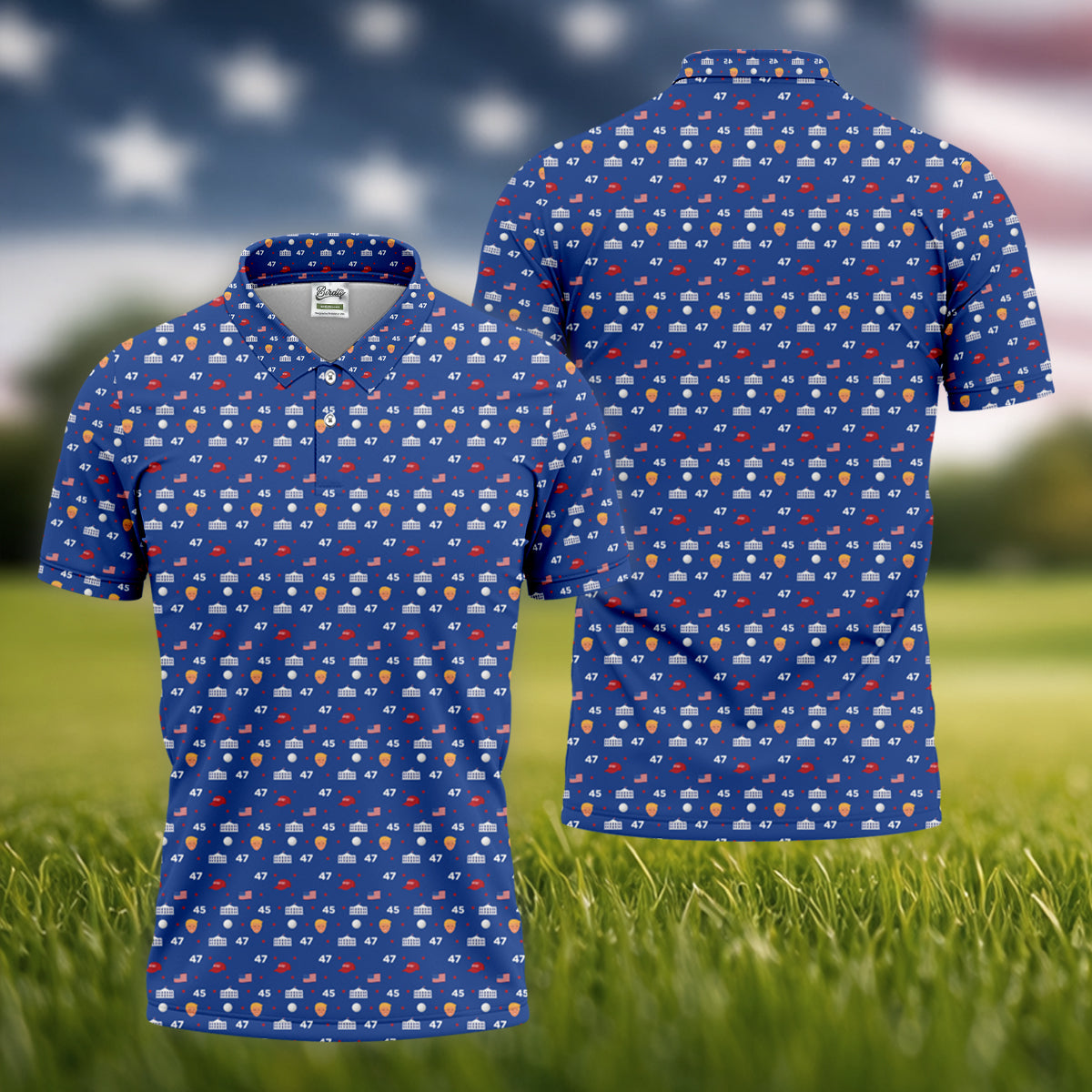 45 47 US Flag Pattern Blue Golf Shirt, Funny Golf Shirt, Golf Shirts For Men, Golf Gift For Men