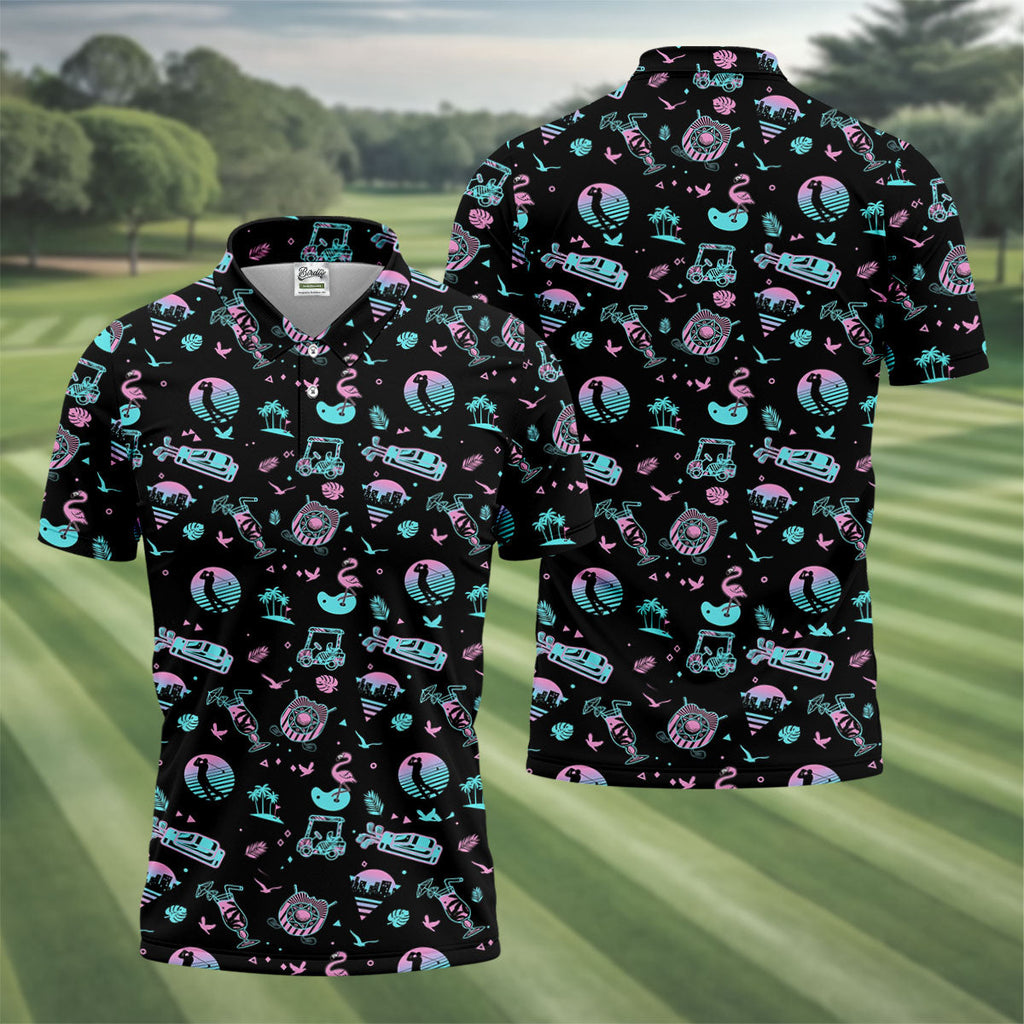 Flamingo Tropical Gradient Colors Retro Golf Shirt, Golf Tops For Men, Golf Shirts For Men