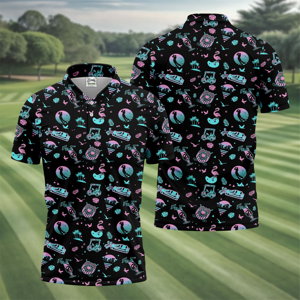 Flamingo Tropical Gradient Colors Retro Golf Shirt, Golf Tops For Men, Golf Shirts For Men