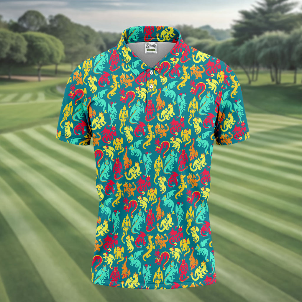 Cartoon Dragons Colorful Golf Shirt, Cute Golf Outfit, Polo Shirts For Men, Golf Shirts For Men