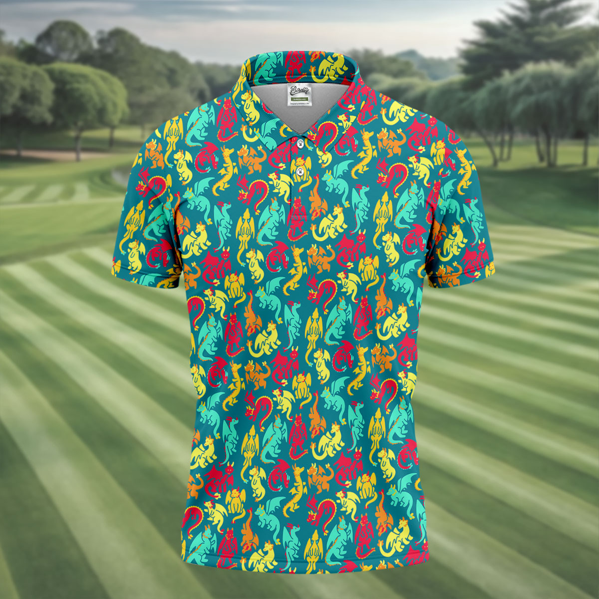 Cartoon Dragons Colorful Golf Shirt, Cute Golf Outfit, Polo Shirts For Men, Golf Shirts For Men