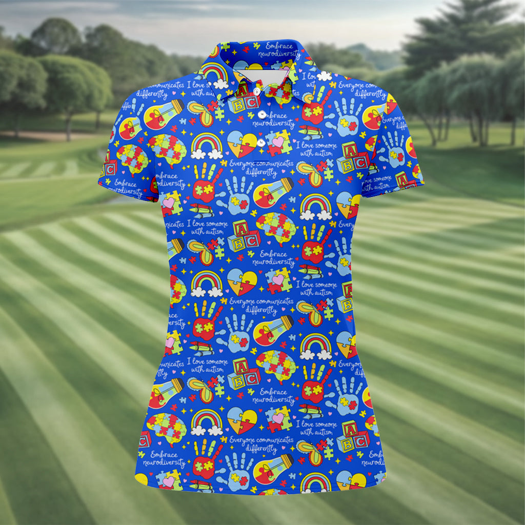 I Love Someone With Autism Blue Golf Shirt, Autism Awareness Color Ladies Golf Shirts, Ladies Golf Polos