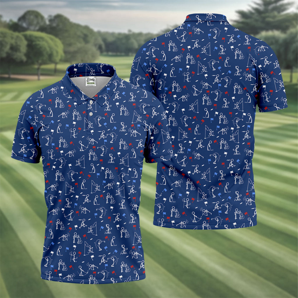 Funny Stick Figure Golf Pose Red White Blue Patriotic Golf Shirt, 250th Anniversary Golf Shirts For Men