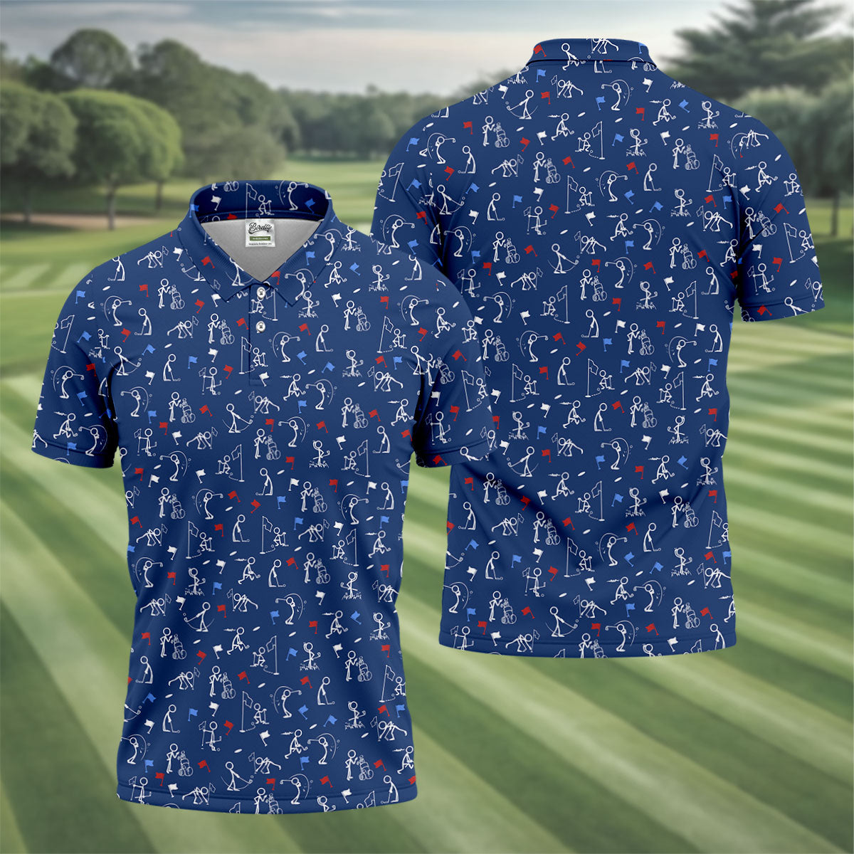 Funny Stick Figure Golf Pose Red White Blue Patriotic Golf Shirt, 250th Anniversary Golf Shirts For Men