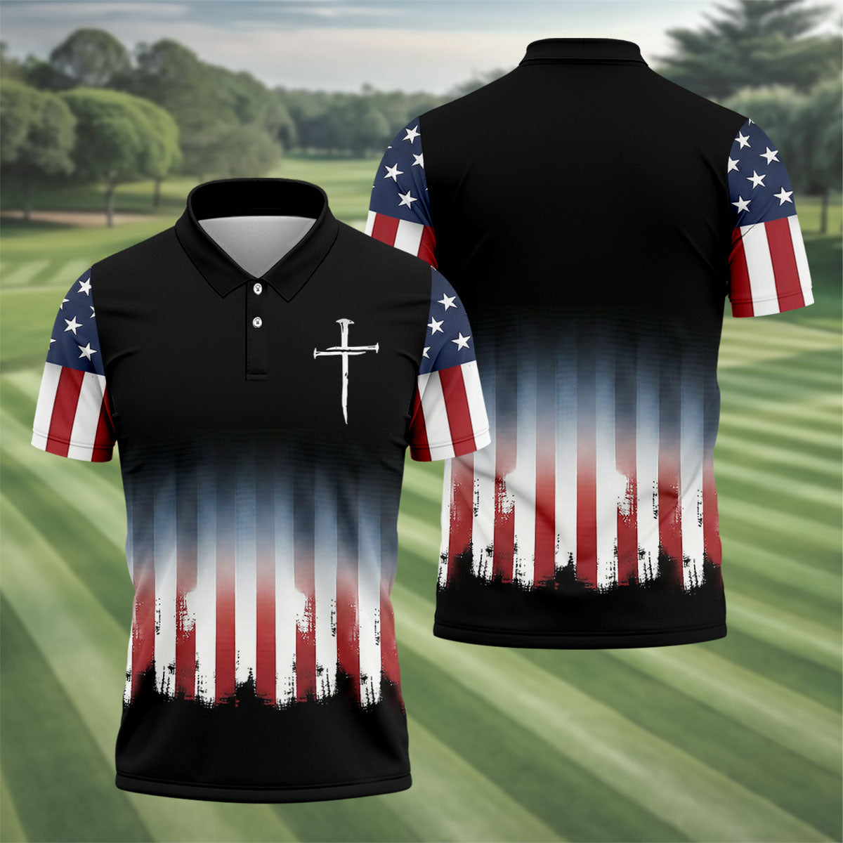 250 Years USA Anniversary 1776-2026 Men's Golf Polo Shirt, Faith Cross 4th Of July Patriotic Golf Shirt