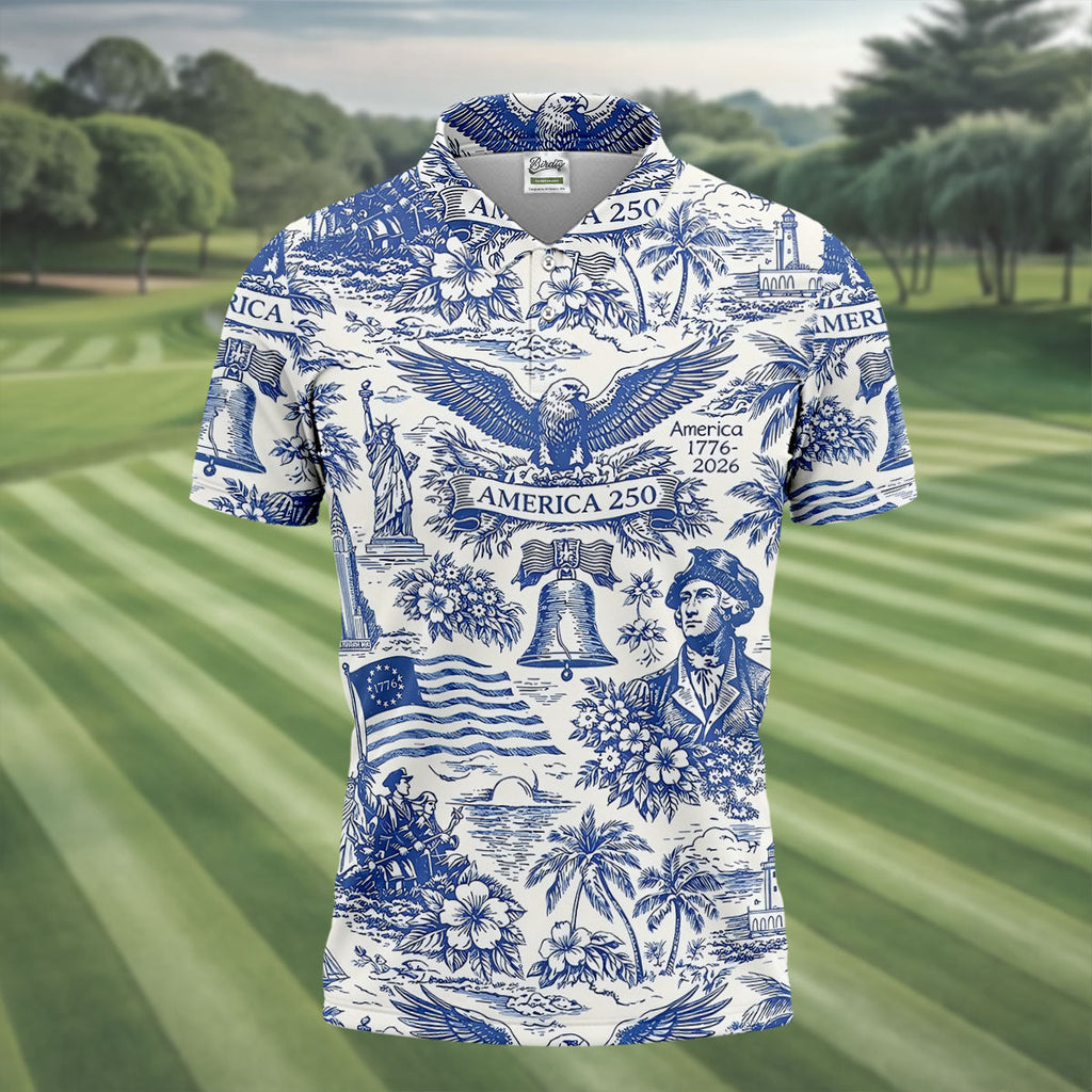 250th Anniversary Toile De Jouy American Symbols Vintage Golf Shirt, Patriotic 4th Of July Golf Shirts For Men
