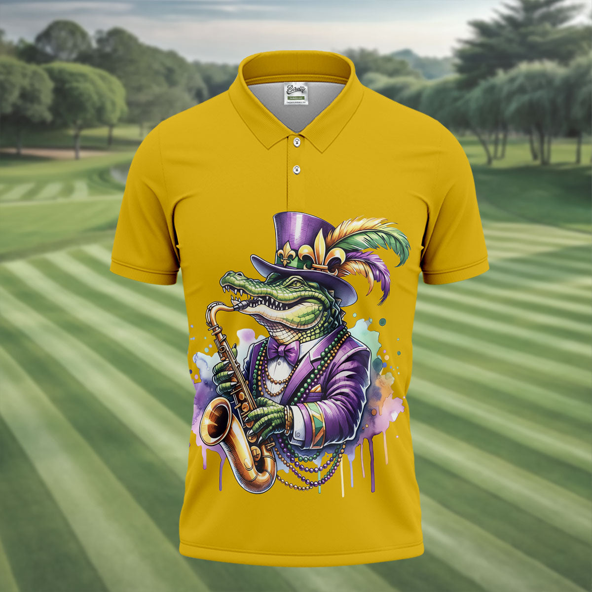 Mardi Gras Alligator Playing Saxophone Yellow Golf Shirt, Golf Shirts For Men, Polo Shirts For Men