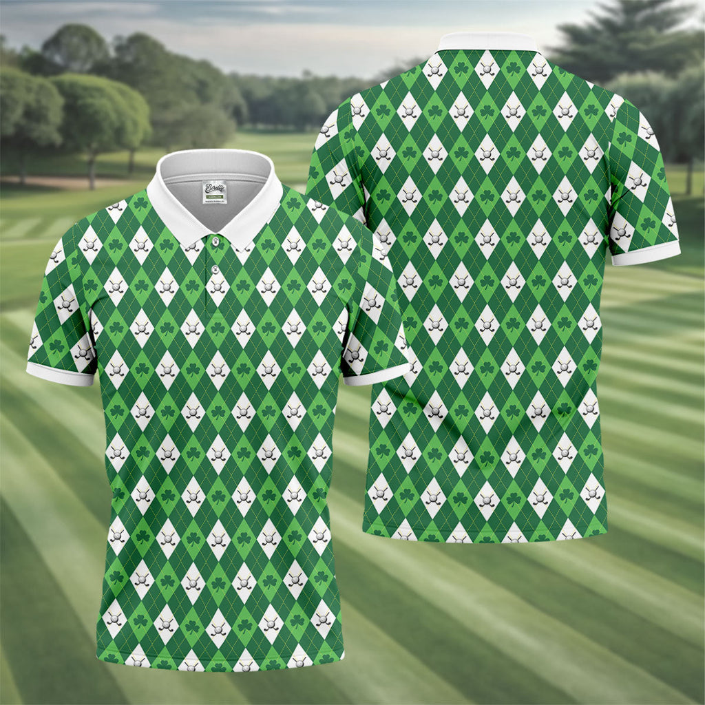 St Patrick's Day Shamrock Argyle Pattern Green And White Argyle Golf Shirt, Polo ShirtFor Men, Golf Shirts For Men